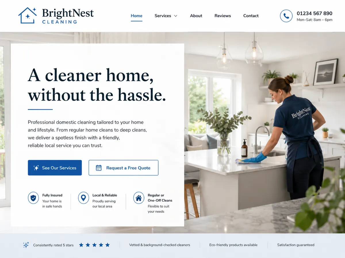 The BrightNest Cleaning website, a domestic cleaning business