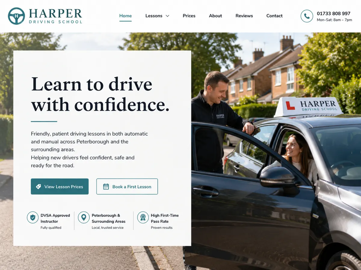The Harper Driving School website, a driving instructor