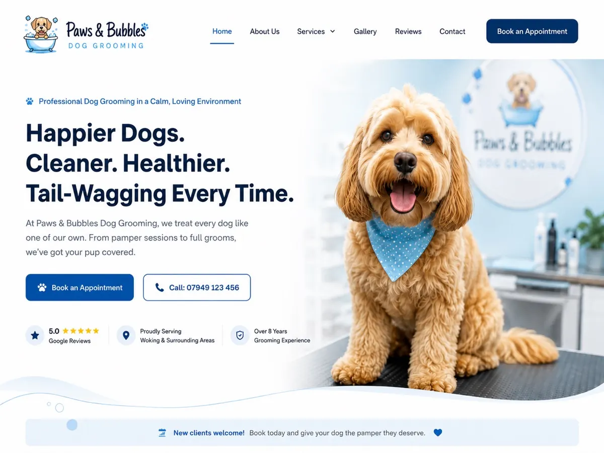 The Paws & Bubbles website, a dog grooming business